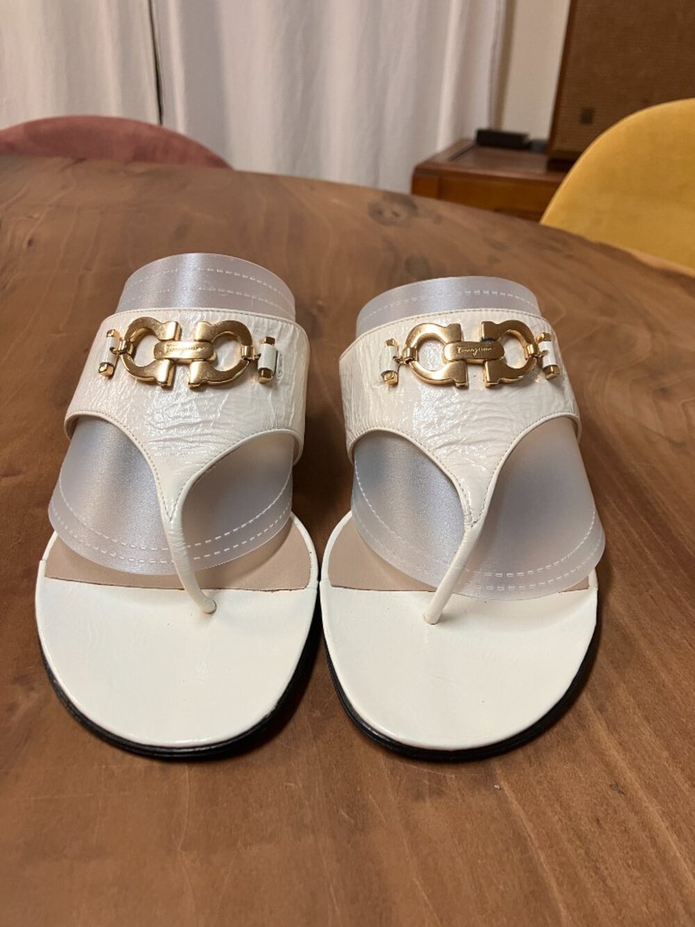 Salvatore Ferragamo Boutique White Gancini Leather Sandals 8 B Italy